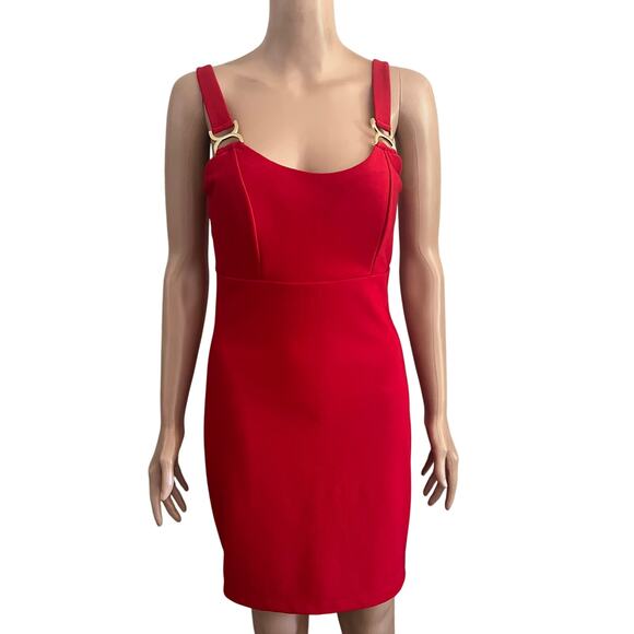 ROW A Red Bodycon Mini Dress Womens Large Gold Buckle Cocktail PArty - Picture 16 of 16